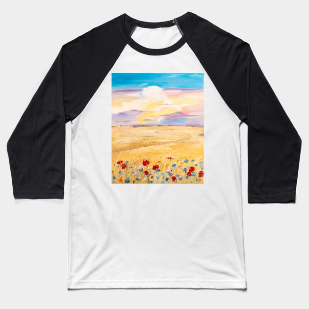 Poppies and Cornflowers Near a Wheat Field Baseball T-Shirt by NataliaShchip